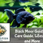 Black Moor Goldfish in an aquarium with plants and decorations, inset images show care essentials.