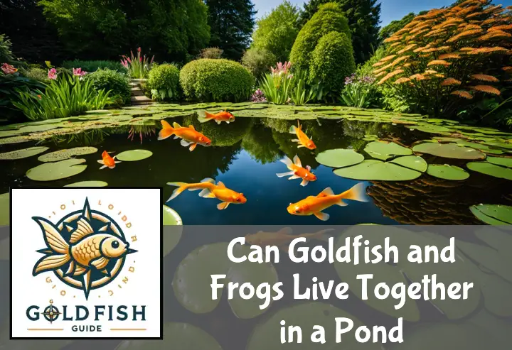 Goldfish and frogs in a clear pond with lily pads, surrounded by lush greenery.