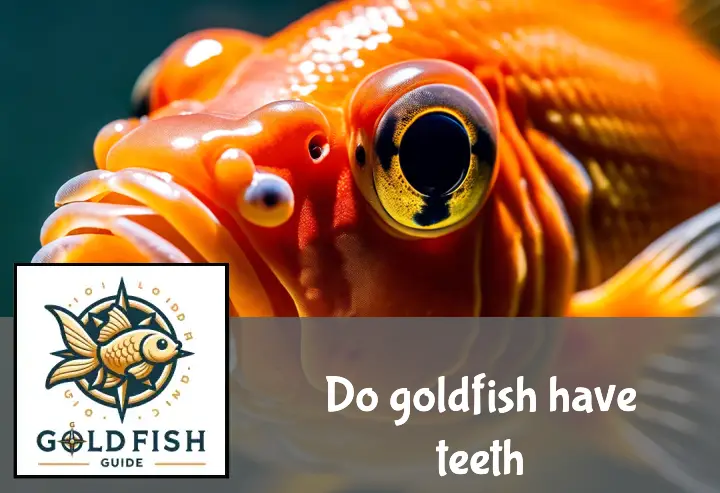 Close-up of a goldfish with its mouth open, revealing teeth, against a serene aquatic background.