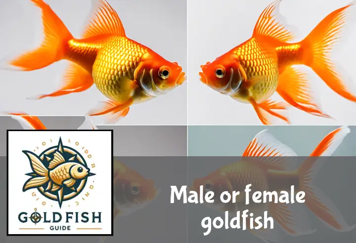 Image of male and female goldfish, highlighting differences in body shape, fin length, and breeding tubercles.