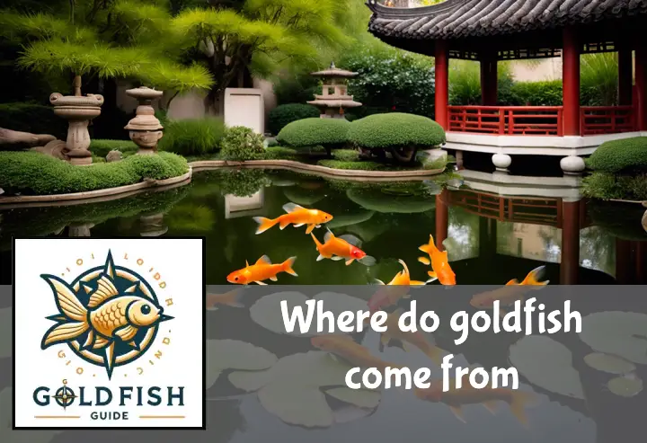 Goldfish swim among lily pads in a serene traditional Chinese garden pond with ancient-style decor.