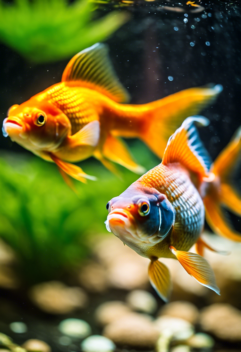 Two goldfish engage in courtship amidst lush aquatic plants in a softly lit aquarium.