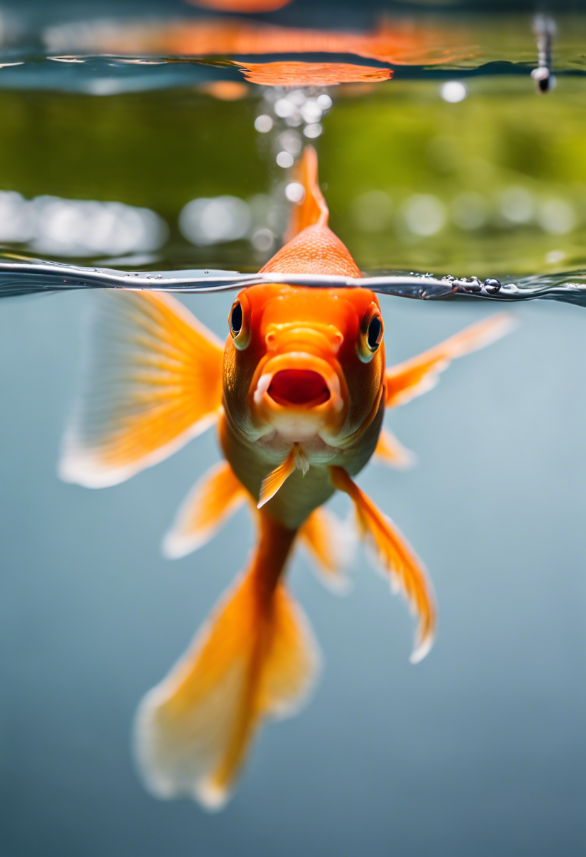 A goldfish with swim bladder disease swims upside-down near the surface, looking distressed.