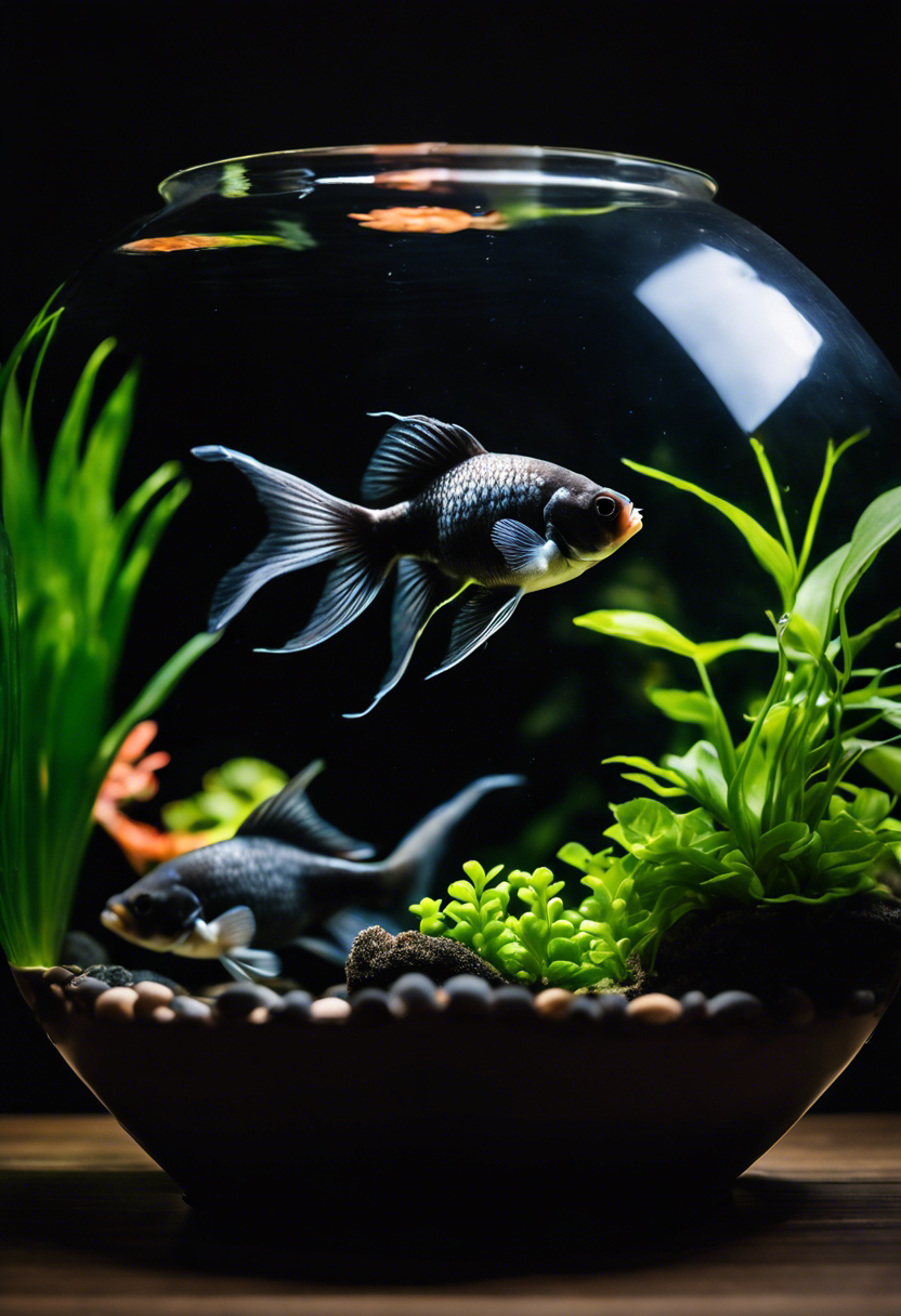 Hands gently place a Black Moor Goldfish into a dark, softly lit aquarium with suitable plants and decorations.