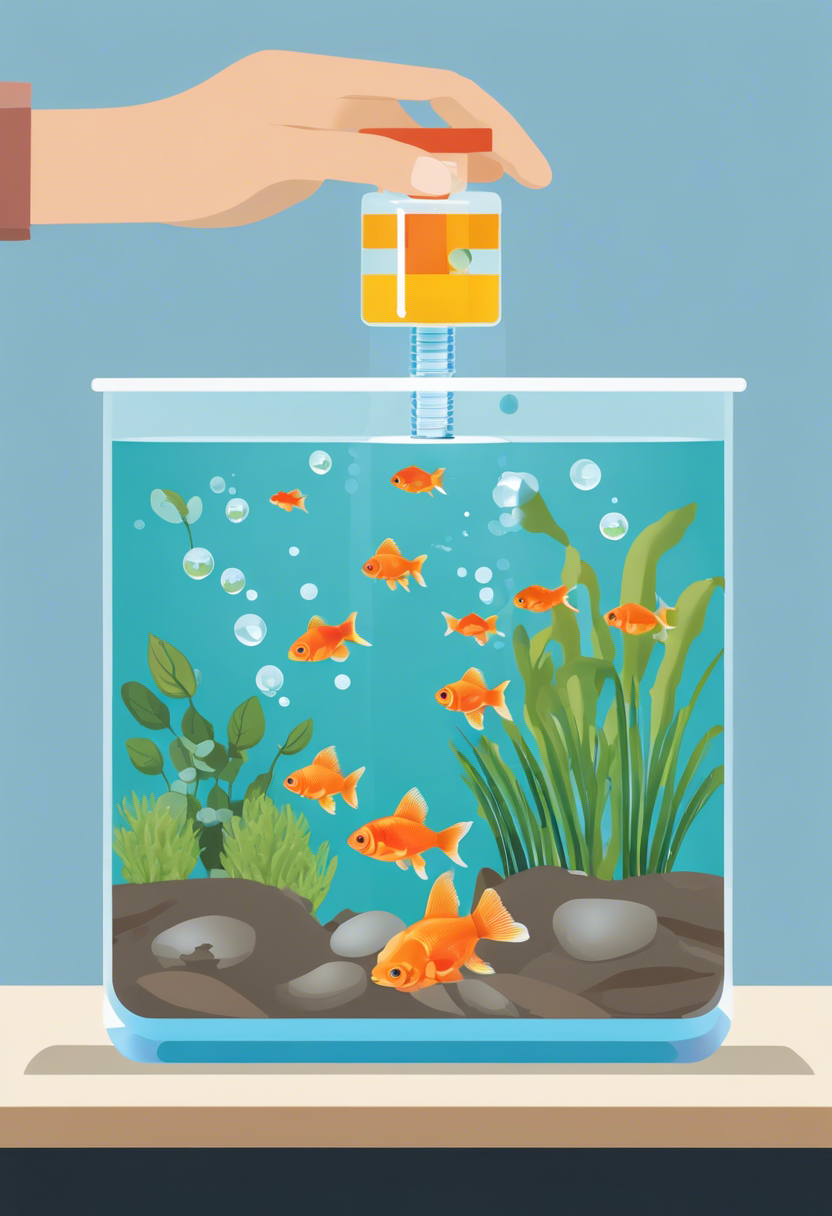 A hand holds a digital water testing kit in an aquarium with plants and a goldfish.