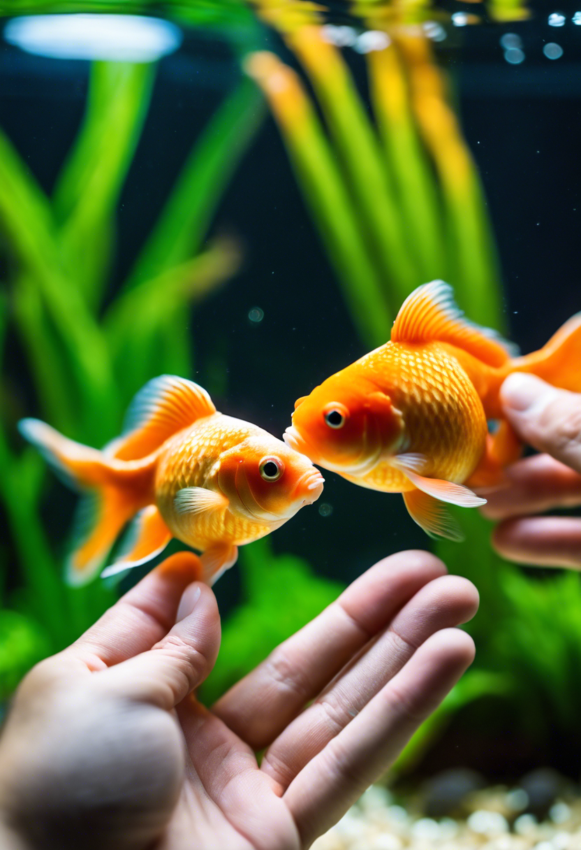 Hands gently holding a fluffy-nosed pompom goldfish above an aquarium with vibrant plants in soft lighting.