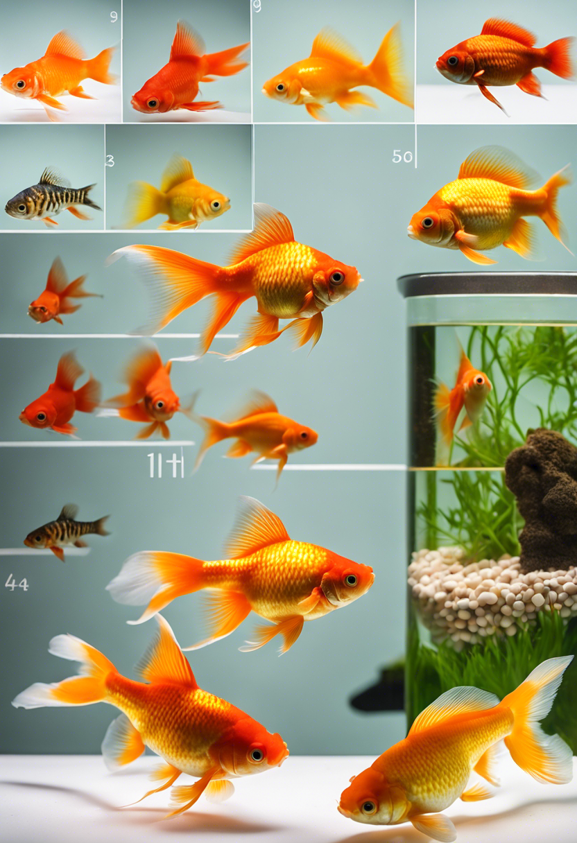 A collage showcasing Comet, Oranda, and Shubunkin goldfish varieties next to a ruler in a bright tank.