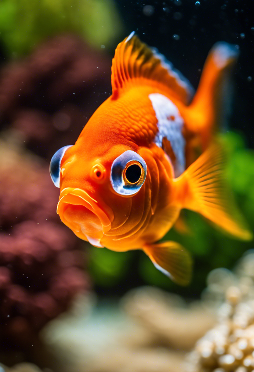 A bubble eye goldfish with vibrant orange color swims in a well-lit, spacious aquarium.
