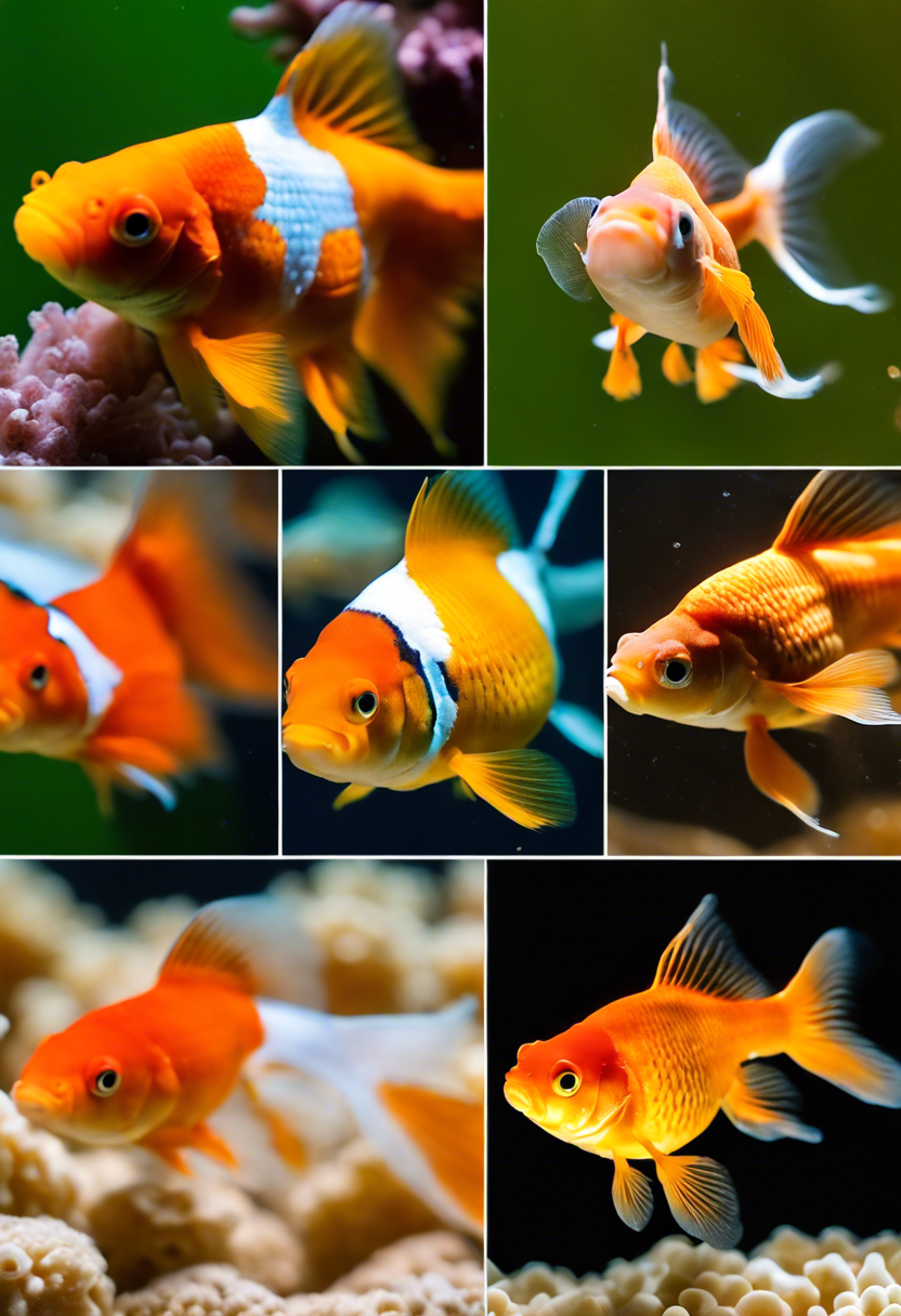 Collage of goldfish with fungus and a healthy one for comparison, showcasing white patches, reddened areas, and frayed fins.
