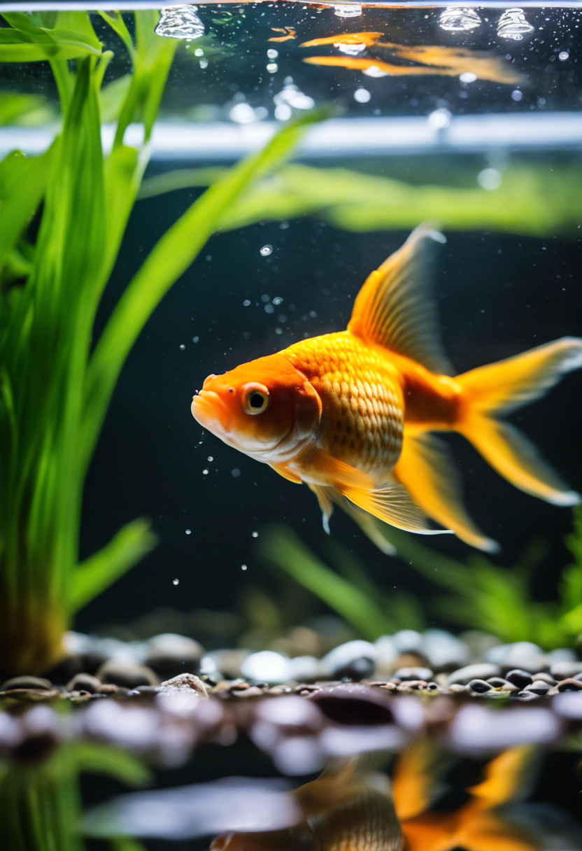 A goldfish swims near the surface in a murky, debris-filled tank, highlighting environmental neglect.