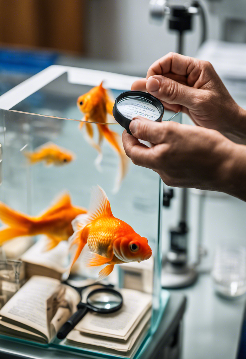 Person closely examines a goldfish in a container with a magnifying glass, surrounded by blurred fish health resources.