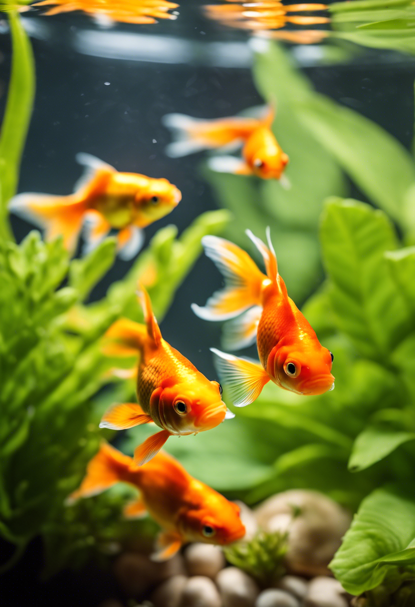 Baby goldfish swim in a breeding tank, surrounded by fine-leaved plants under soft lighting.