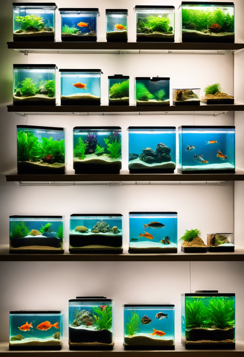 A range of aquarium sizes in a line, each with a goldfish silhouette showing required space for health.