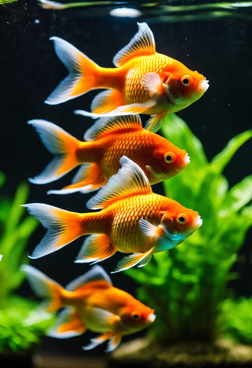 Oranda goldfish with colorful wen growths swim together in a lush, planted aquarium.