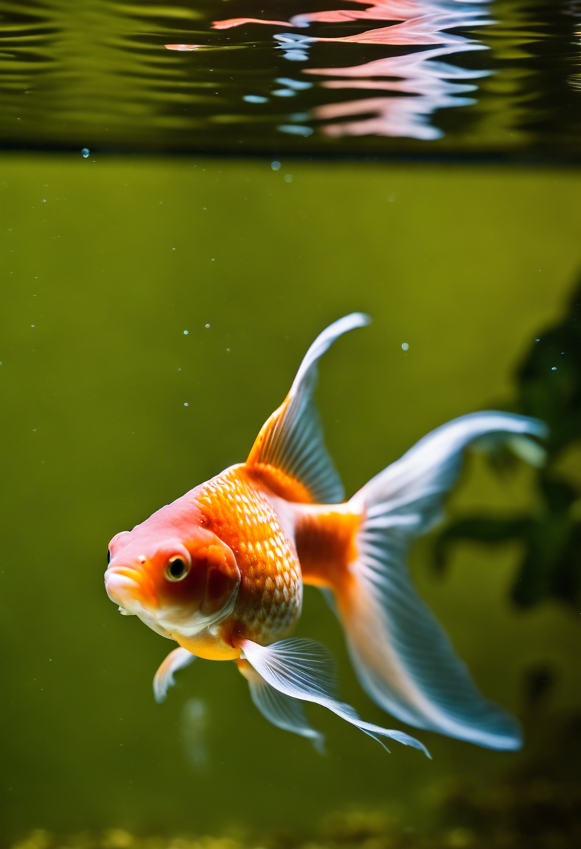 A goldfish with swollen, reddened fins swims alone in a clear tank, highlighting its fin congestion.